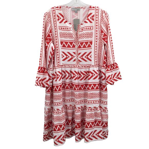 Luukse Henley Bib Printed Bell Sleeve Tiered Dress Button Front Red/White Large - Picture 1 of 6